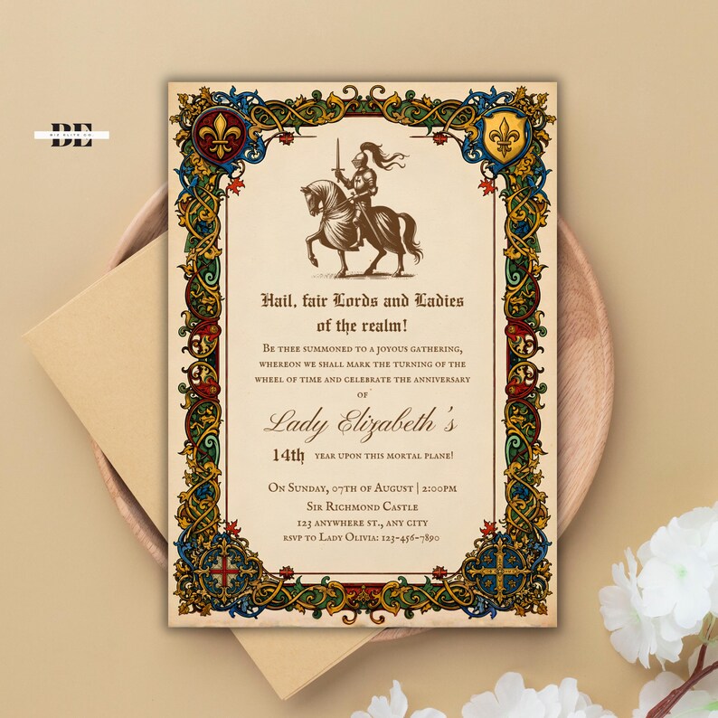 May include: A rectangular invitation card featuring a medieval-style border with blue, red, and gold floral patterns. The centre displays a knight on horseback and text reading: Hail, fair Lords and Ladies of the realm! Lady Elizabeth's 14th year.