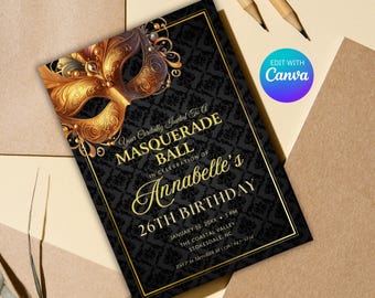 Masquerade Ball Invite, Masquerade Invitation, Masquerade Ball Editable Birthday Invitation, Printable Party Invitation, Masquerade Invite