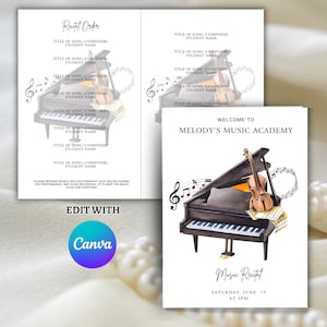 以下が含まれることがあります： グランドピアノ、バイオリン、音符の水彩イラストが描かれた音楽リサイタルのプログラム。プログラムには「Welcome to Melody's Music Academy」と「Music Recital」のテキスト、日付と時間が含まれています。Canvaのロゴも表示されています。