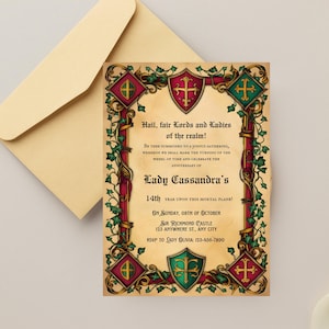 May include: A medieval-style invitation with a red and green border, featuring a shield with a cross. The invitation reads "Hail, fair Lords and Ladies of the realm!" and announces "Lady Cassandra's 14th year upon this mortal plane!" on Sunday, October 8th at Sir Richmond Castle.