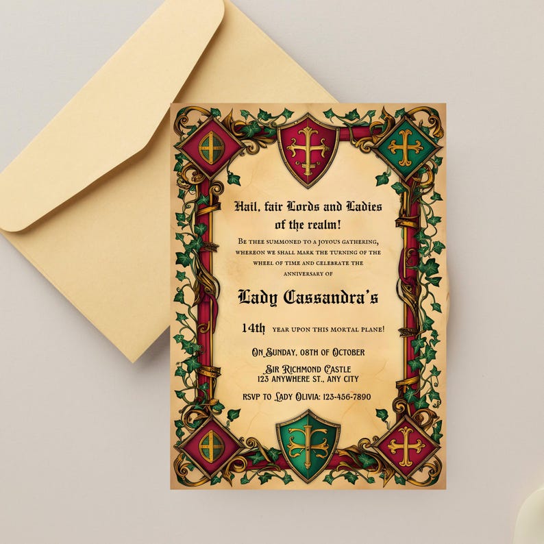 May include: A medieval-style invitation with a red and green border, featuring a shield with a cross. The invitation reads "Hail, fair Lords and Ladies of the realm!" and announces "Lady Cassandra's 14th year upon this mortal plane!" on Sunday, October 8th at Sir Richmond Castle.