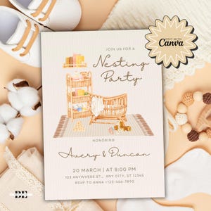Uitnodiging voor feest nesten, genderneutrale babyshower uitnodiging, afdrukbare instant, download DIY-sjabloon, afdrukbare uitnodiging voor feest