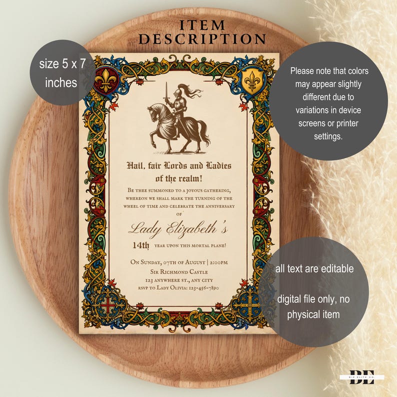 Medieval Party Invite, Medieval Invite, Medieval Renaissance Invitation, Digital Party Invite Template, Printable Party Invite image 2