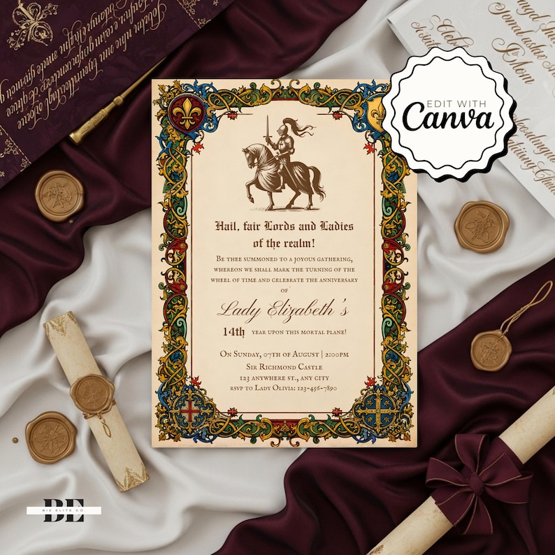 May include: A rectangular invitation card featuring a medieval-style border with blue, red, and gold floral patterns. The centre displays a knight on horseback and text reading: Hail, fair Lords and Ladies of the realm! Lady Elizabeth's 14th year.
