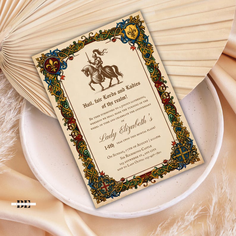May include: A rectangular invitation card featuring a medieval-style border in gold, blue, and red with a knight on horseback at the top. The text reads: Hail, fair Lords and Ladies of the realm! Be thee summoned to a joyous gathering, Lady Elizabeth's 14th year upon this mortal plane! On Sunday, 07th of August, 2:00pm, Sir Richmond Castle, 123 Anywhere St., Any City, RSVP to Lady Olivia: 123-456-7890.