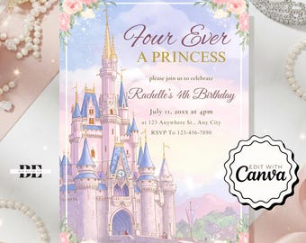 Four Ever a Princess Birthday Invitation, Fourever a Princess 4th Birthday Invite, Editable Canva Template, Printable Princess Party Invite