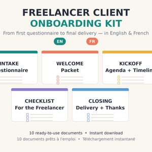 Peut inclure: Un kit d'intégration client pour freelance comprenant cinq cartes de documents intitulées Intake Questionnaire, Welcome Packet, Kickoff Agenda + Timeline, Checklist For the Freelancer et Closing Delivery + Thanks, avec 10 documents prêts à l'emploi.