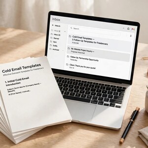 May include: A stack of white paper documents titled Cold Email Templates with Effective Outreach Templates for Freelancers and 1. Initial Cold Email Introduction text, next to a laptop displaying an email inbox interface.