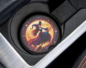 Witch on Broomstick Soapstone Car Coaster | Full Moon Magic