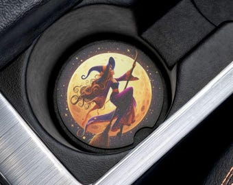 Witch Flying Past Full Moon Soapstone Car Coaster