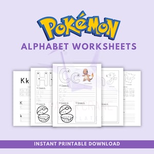 Pokémon alphabet worksheets printable bundle featuring letter tracing pages, uppercase and lowercase practice, coloring activities, and black-and-white learning sheets with instant printable download banner.