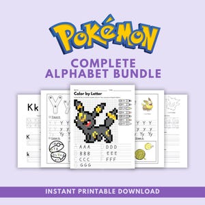 Complete Pokémon alphabet bundle printable including letter tracing worksheets and color-by-letter mystery activity pages for preschool and kindergarten instant PDF download.