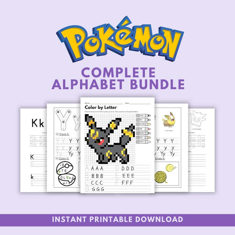 Complete Pokémon alphabet bundle printable including letter tracing worksheets and color-by-letter mystery activity pages for preschool and kindergarten instant PDF download.