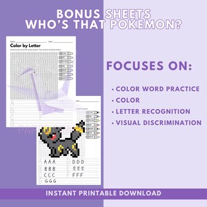 Bonus Pokémon color by letter worksheet printable featuring mystery pixel art activity, letter writing practice, and preschool learning skills including color recognition and visual discrimination with instant download banner.