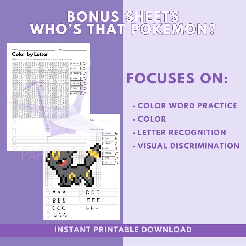 Bonus Pokémon color by letter worksheet printable featuring mystery pixel art activity, letter writing practice, and preschool learning skills including color recognition and visual discrimination with instant download banner.