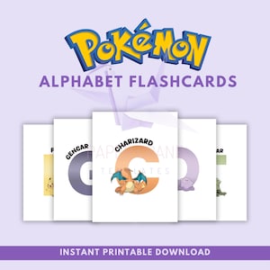Preview of Pokémon alphabet flashcards printable PDF featuring A–Z letter cards with character illustrations, bold uppercase letters, and instant printable download banner for preschool learning.