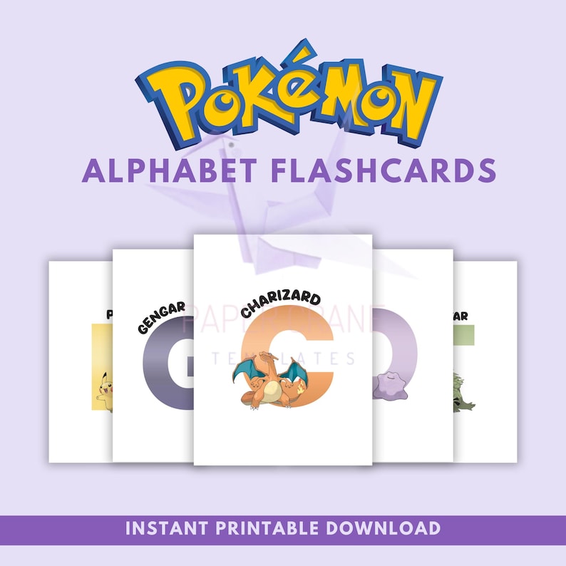 Preview of Pokémon alphabet flashcards printable PDF featuring A–Z letter cards with character illustrations, bold uppercase letters, and instant printable download banner for preschool learning.