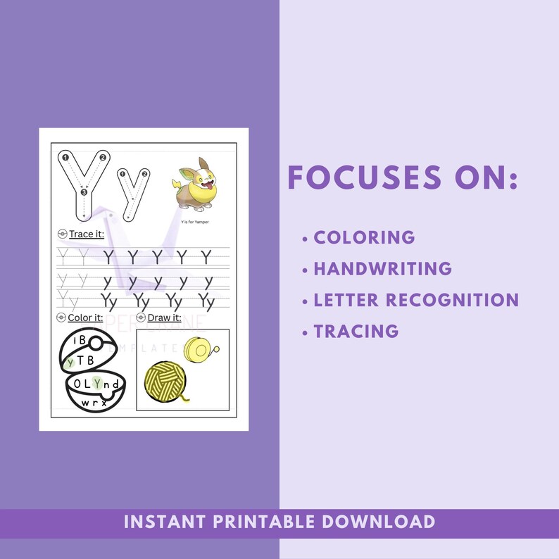 Letter Y tracing worksheet with uppercase and lowercase handwriting practice, coloring section, and draw activity from preschool Pokémon alphabet printable set.