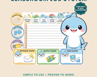 Klassenzimmer Job Chart Printable | Hai-Thema Klassenzimmer Dekor | Bearbeitbares Schülerrollen- & Helfersystem | Visuelle Routine für die Grundschule