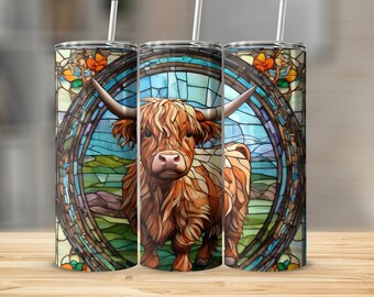 Stained Glass Highland Cow Tumbler Wrap: 20oz Skinny PNG (Digital Download)