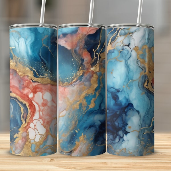 Abstract Art Tumbler, Gold Blue Marble Drinkware, Unique Coffee Travel Mug, Artistic Office Gift, Designer Cold Cup, Chic Tea Tumbler