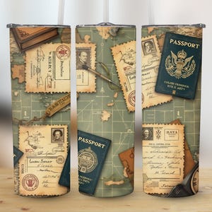 Pasaporte de viaje con diseño de aventura, envoltorio digital para vasos, diseño de mapa del mundo para vasos de 20 oz, para uso comercial