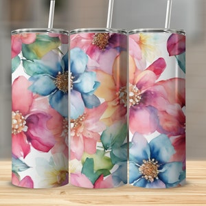Diseño de envoltura para vaso con acuarela floral: Vaso delgado de 20 oz (descarga digital)