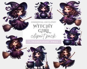 Pacchetto di clipart di una graziosa streghetta, grafica di Halloween (PNG)