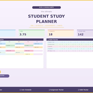 Student Study Planner: GPA, Schedule, Assignments, Habits (Excel/Google Sheets)