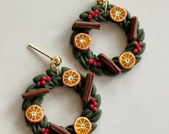 Christmas Wreath Polymer Clay Dangle Earrings