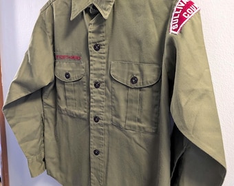 Vintage Boy Scouts Olive Green button down long sleeve shirt with Patches: Boy Scouts of America uniform  BSA memorabilia