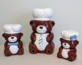 1970s Teddy Bear Family cookie jar set of 3. Single dad and 2 cubs looking for a home. Handpainted Made in Taiwan r.o.c. Free US Shipping