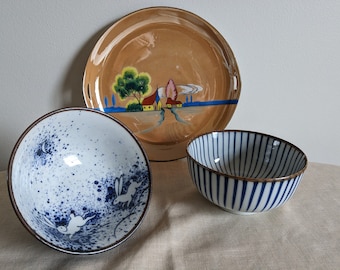 Vintage Japanese Pottery 3 piece. Lusterware lrg Dish Trico Nagoya Hand Painted, Moon Rabbits soup bowl, striped soup bowl. US Free shipping