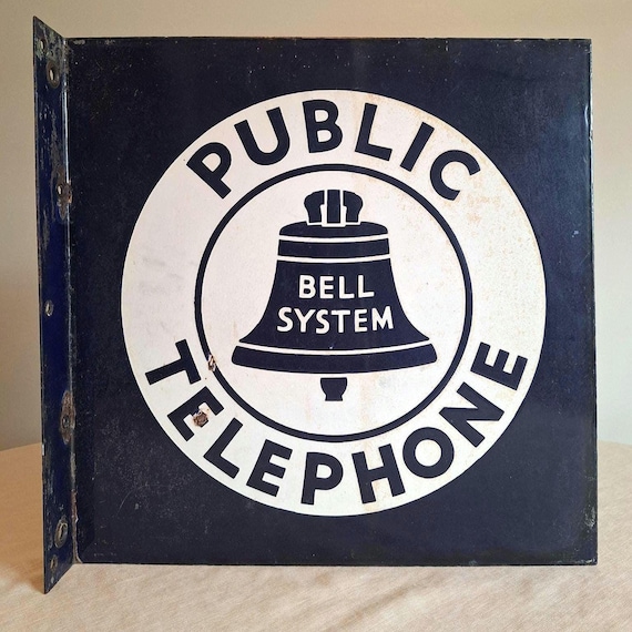 Vintage Bell System Public Telephone Sign: Enameled Metal, Double