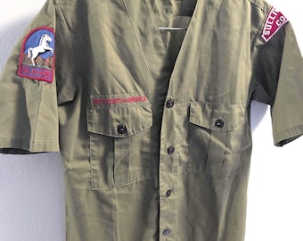 Vintage Boy Scouts Olive Green button down tshirt with Patches: Boy Scouts of America uniform BSA memorabilia