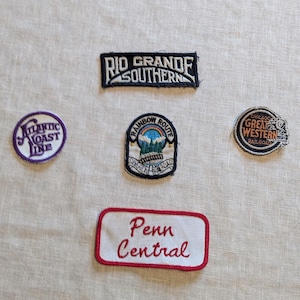 Patches de ferrovias americanas vintage. 5 patches para costurar: Rio Grande Southern, Atlantic Coast, Rainbow Route, Chicago Great Western, Penn Central
