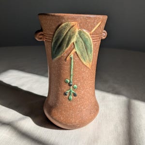 1930s Antique Weller Cornish Vintage Art Deco Pottery Brown Handled Vase. Weller Handpainted Vase