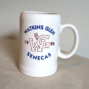 1996 Watkins Glen Senecas large mug, beer stein. True Vintage in mint condition. Watkins Glen New York souvenir high school memorabilia