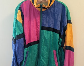 1980s 1990s bright blocks retro track jacket by Blair Boutique in size Large. Funky 80s 90s windbreaker in good condition. Free US shipping