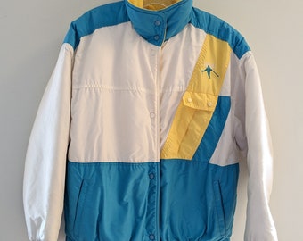 Veste de ski tricolore Roffe des années 1980 en taille moyenne unisexe. Veste d'hiver isolée de grande qualité fabriquée aux États-Unis. Livraison gratuite aux États-Unis