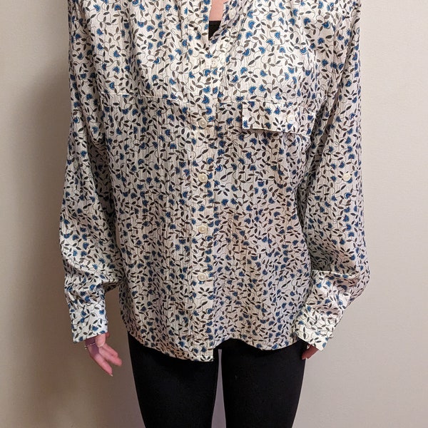 1990s Vintage Button up size large Silky Blouse made by Kathy Comelli For Shapely with shoulder pads. Retro beauty! US free shipping
