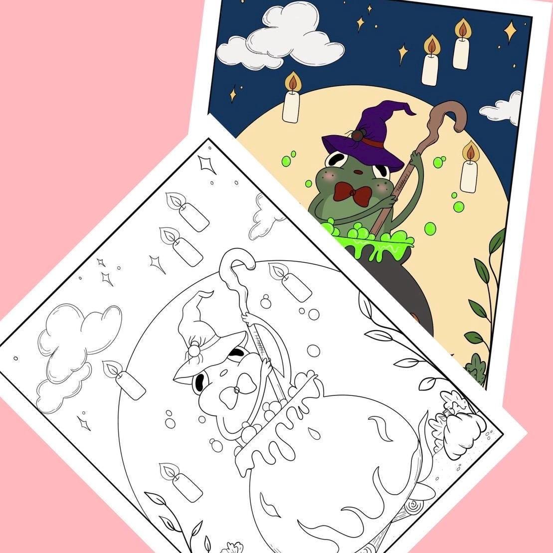 Witch Frog Coloring Page - Etsy