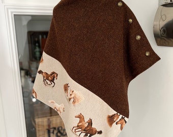 Women poncho cape race day fashion British Harris tweed brown chocolate queens horse print cape equestrian fashion attire country clothing