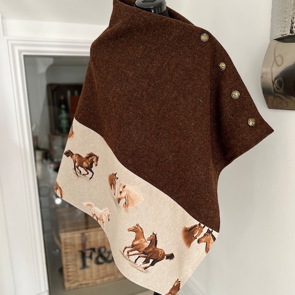 Women poncho cape race day fashion British Harris tweed brown chocolate queens horse print cape equestrian fashion attire country clothing