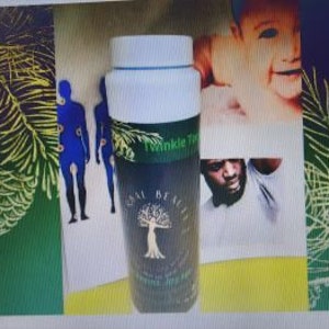 May include: A white plastic bottle with a blue lid and a black label. The label has a tree with green leaves and the words "Real Beauty" and "Miracle Tree Oil" on it. The bottle is sitting on a background with a green pine tree and a silhouette of a person.