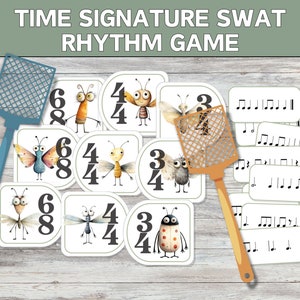 May include: A time signature swat rhythm game with colorful insect illustrations and musical note cards. The game includes a blue fly swatter and cards with different time signatures, such as 4/4, 3/4, and 6/8.