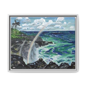 Framed Canvas Print - Maui Beach Painting Acrylic Art Where Rainbows Rise