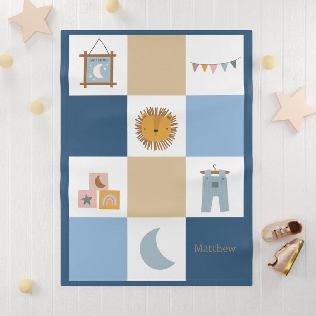 Personalized Blue Baby Boy Blanket, Toddler Throw, Soft Fleece, Newborn