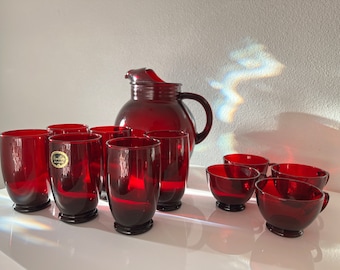Vintage royal Ruby red glass pitcher set with punch cups