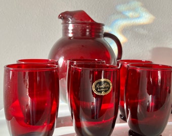 Vintage royal Ruby red glass pitcher set with punch cups
